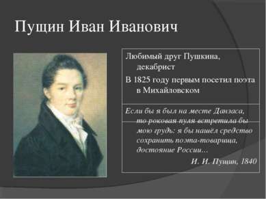 Пущин Иван Иванович Любимый друг Пушкина, декабрист В 1825 году первым посети...