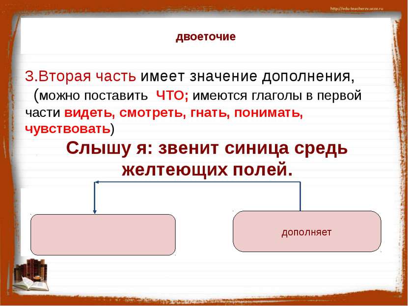 3.Вторая часть имеет значение дополнения, (можно поставить ЧТО; имеются глаго...