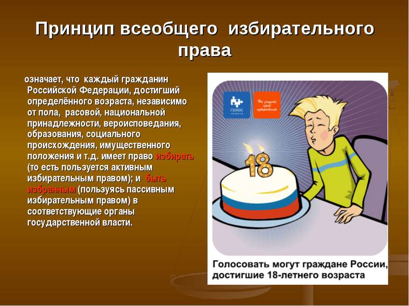 Принцип всеобщего избирательного права означает, что каждый гражданин Российс...