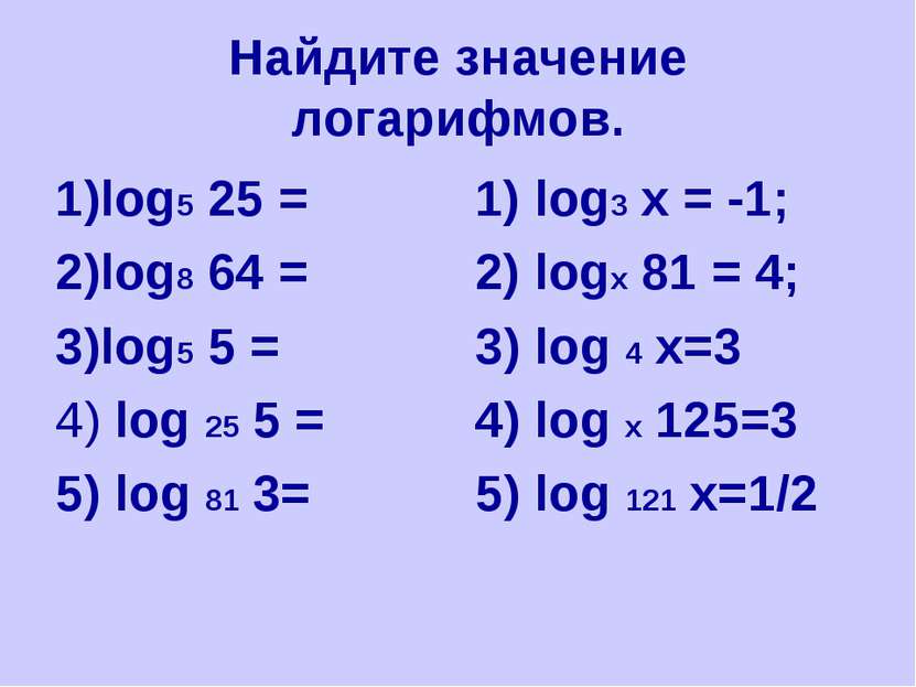 Найдите значение логарифмов. 1)log5 25 = 2)log8 64 = 3)log5 5 = 4) log 25 5 =...