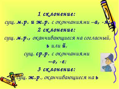 1 склонение: сущ. м.р. и ж.р. с окончаниями –а, -я; 2 склонение: сущ. м.р., о...