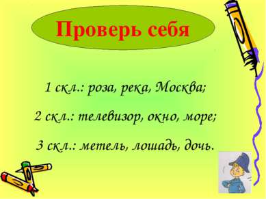 Проверь себя 1 скл.: роза, река, Москва; 2 скл.: телевизор, окно, море; 3 скл...