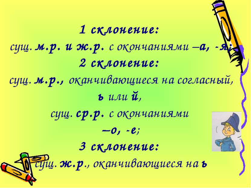 1 склонение: сущ. м.р. и ж.р. с окончаниями –а, -я; 2 склонение: сущ. м.р., о...