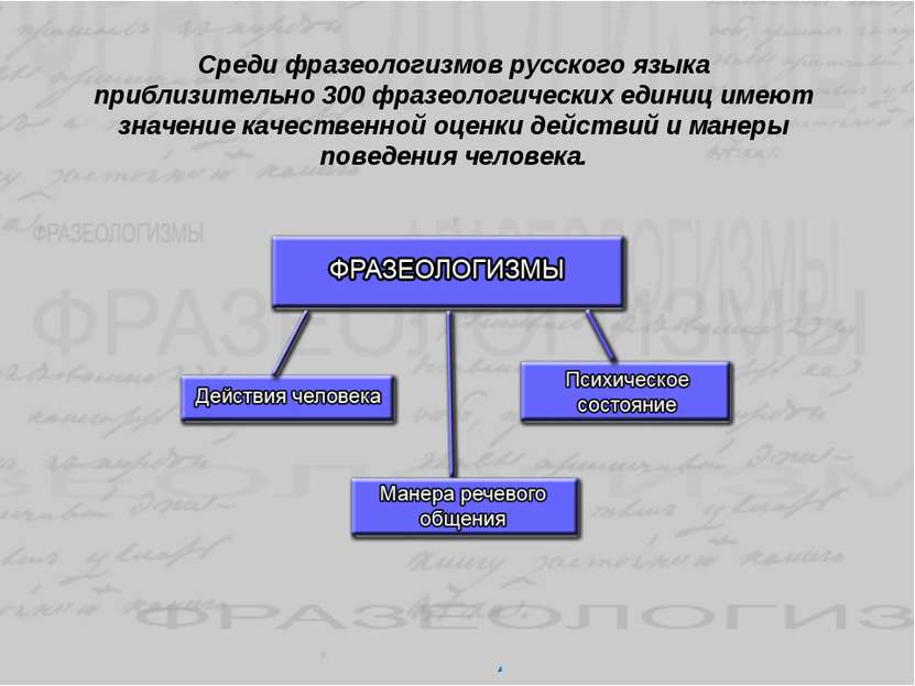 Среди фразеологизмов русского языка приблизительно 300 фразеологических едини...