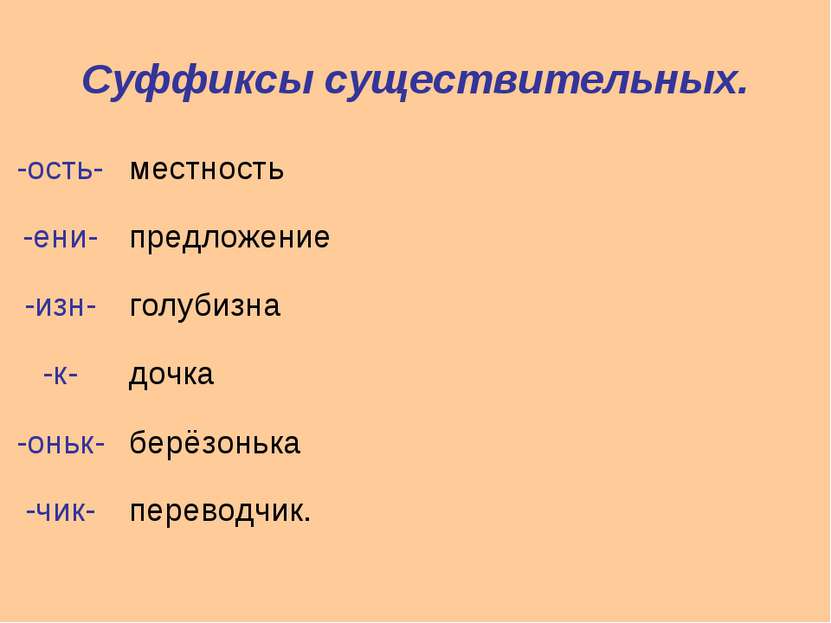 Суффиксы существительных. -ость- местность -ени- предложение -изн- голубизна ...