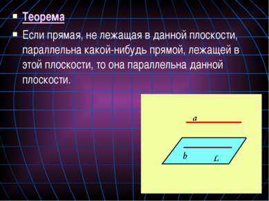 Теорема Если прямая, не лежащая в данной плоскости, параллельна какой-нибудь ...