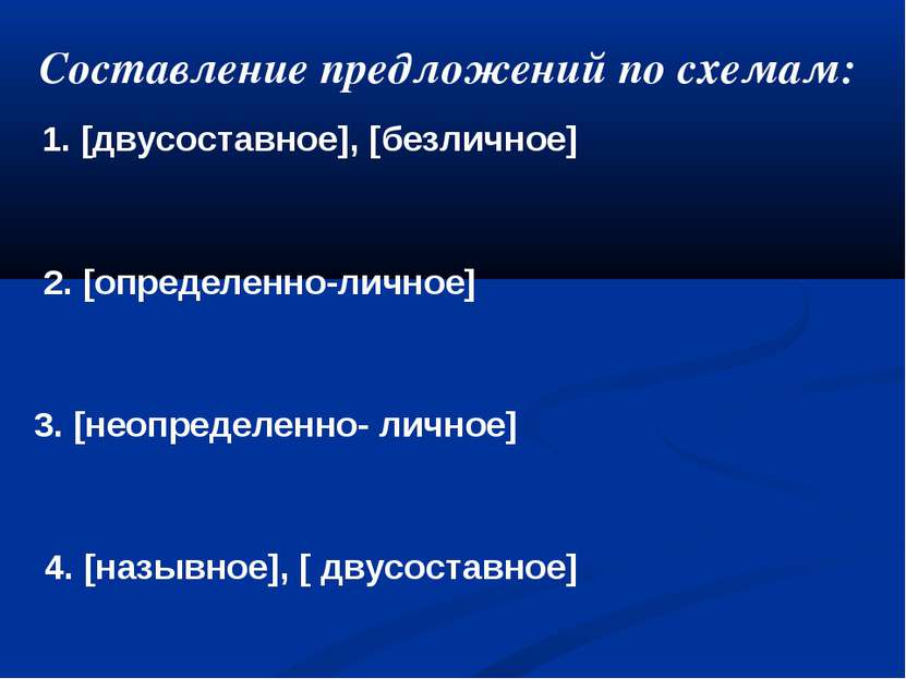 Составление предложений по схемам: 1. [двусоставное], [безличное] 2. [определ...