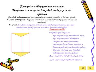 Площадь поверхности призмы Теорема о площади боковой поверхности призмы Боков...