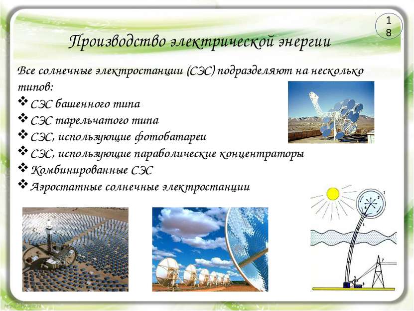 Производство электрической энергии Все солнечные электростанции (СЭС) подразд...