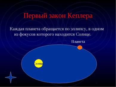 Первый закон Кеплера Каждая планета обращается по эллипсу, в одном из фокусов...