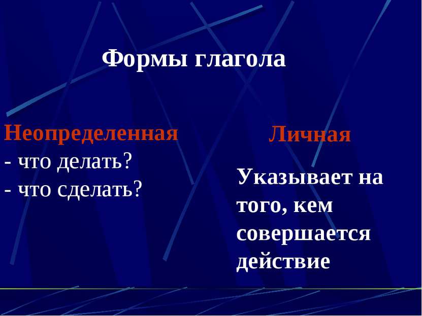 Формы глагола Неопределенная - что делать? - что сделать? Личная Указывает на...