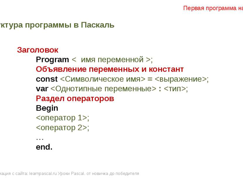 Информация с сайта: learnpascal.ru Уроки Pascal. от новичка до победителя Пер...