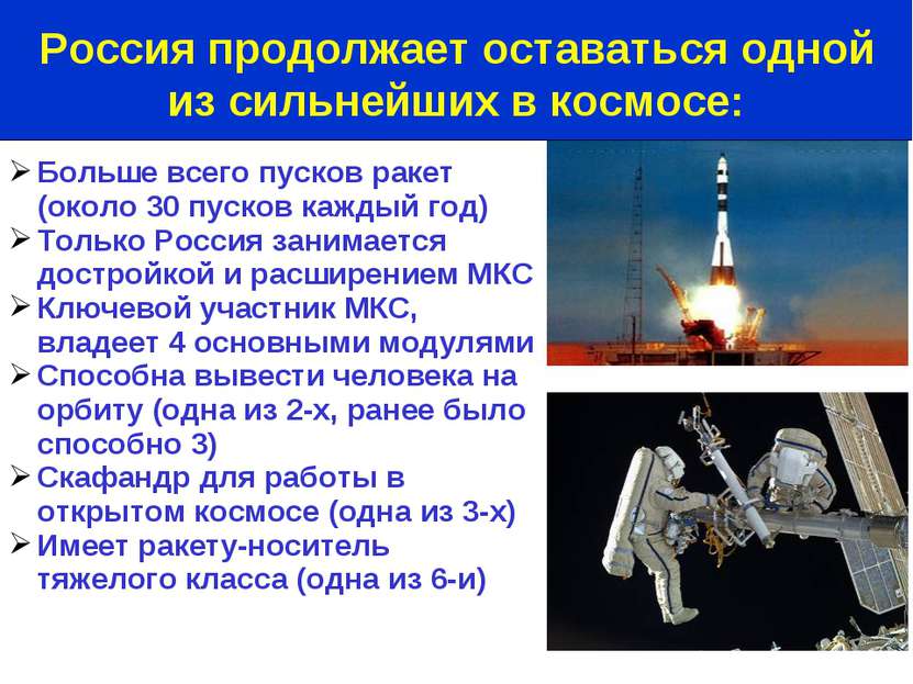Больше всего пусков ракет (около 30 пусков каждый год) Только Россия занимает...