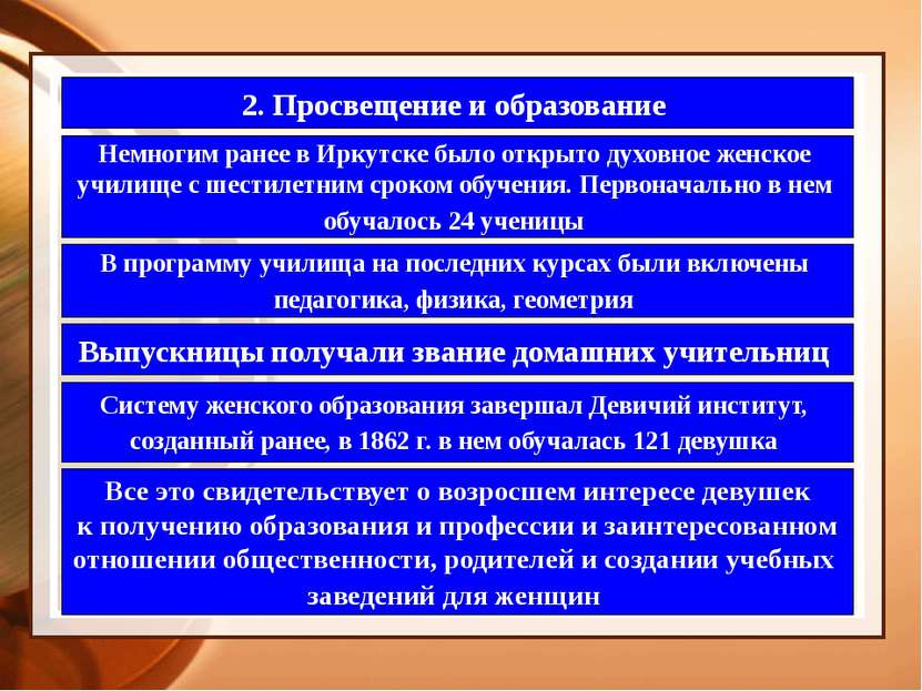 2. Просвещение и образование Немногим ранее в Иркутске было открыто духовное ...