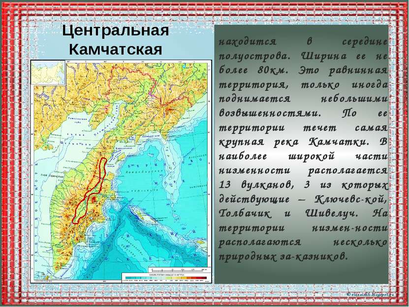 Центральная Камчатская низменность находится в середине полуострова. Ширина е...
