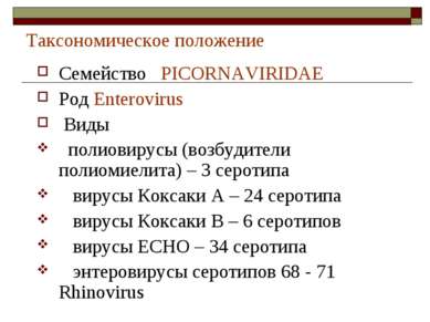 Таксономическое положение Семейство PICORNAVIRIDAE Род Enterovirus Виды полио...