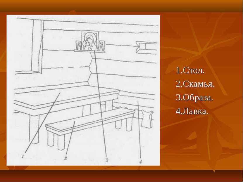 1.Стол. 2.Скамья. 3.Образа. 4.Лавка.