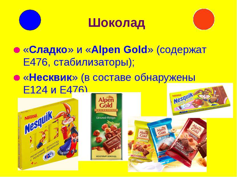 Шоколад «Сладко» и «Alpen Gold» (содержат Е476, стабилизаторы); «Несквик» (в ...