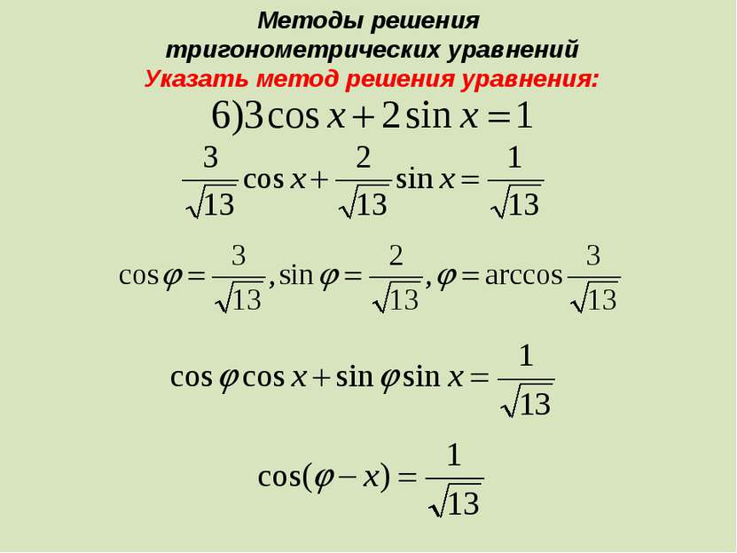 Методы решения тригонометрических уравнений Указать метод решения уравнения: