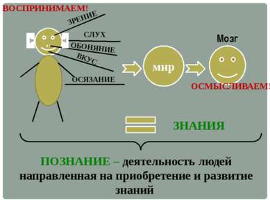 .. мир Мозг ОСМЫСЛИВАЕМ! ВОСПРИНИМАЕМ! ЗНАНИЯ ПОЗНАНИЕ – деятельность людей н...