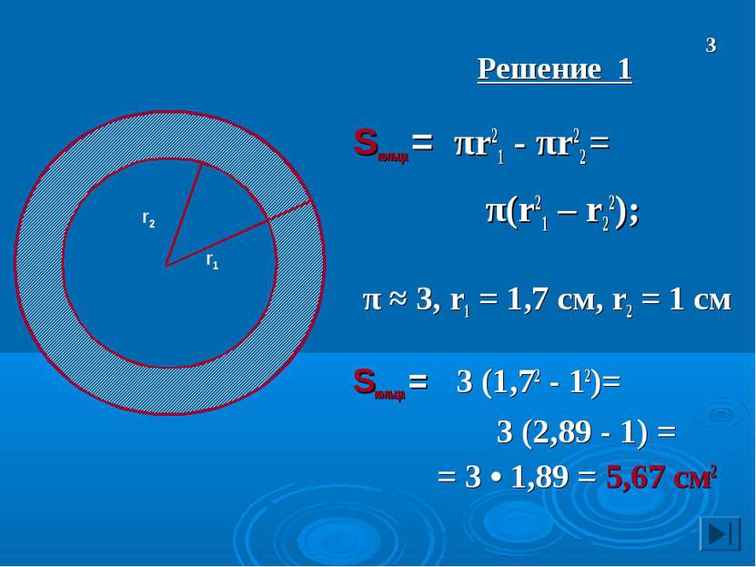 Решение 1 Sкольца = πr21 - πr22 = π(r21 – r22); π ≈ 3, r1 = 1,7 см, r2 = 1 см...