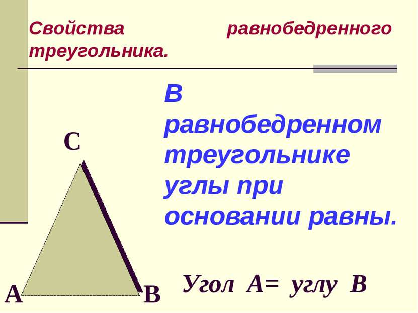 В равнобедренном треугольнике углы при основании равны. С А В Угол А= углу В ...