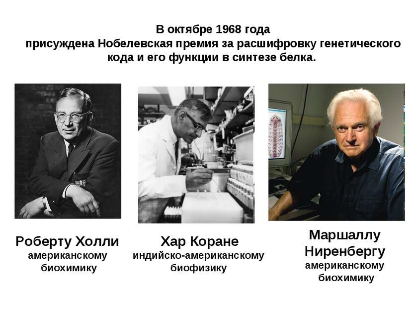 В октябре 1968 года присуждена Нобелевская премия за расшифровку генетическог...