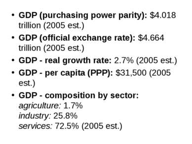 GDP (purchasing power parity): $4.018 trillion (2005 est.) GDP (official exch...
