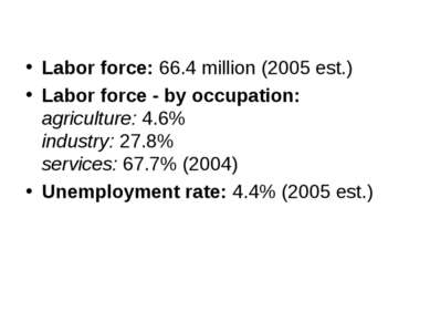 Labor force: 66.4 million (2005 est.) Labor force - by occupation: agricultur...