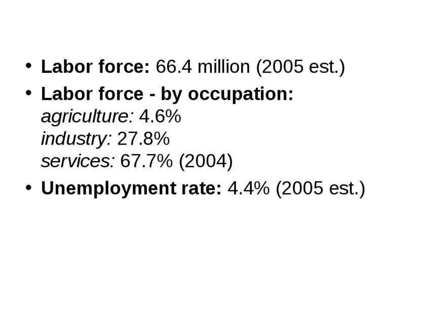 Labor force: 66.4 million (2005 est.) Labor force - by occupation: agricultur...