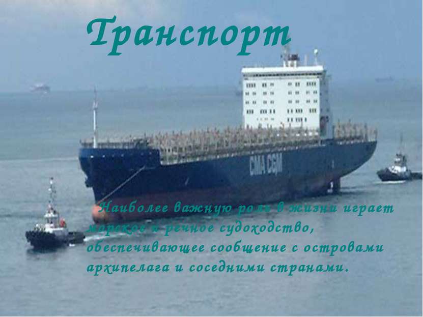 Транспорт Наиболее важную роль в жизни играет морское и речное судоходство, о...