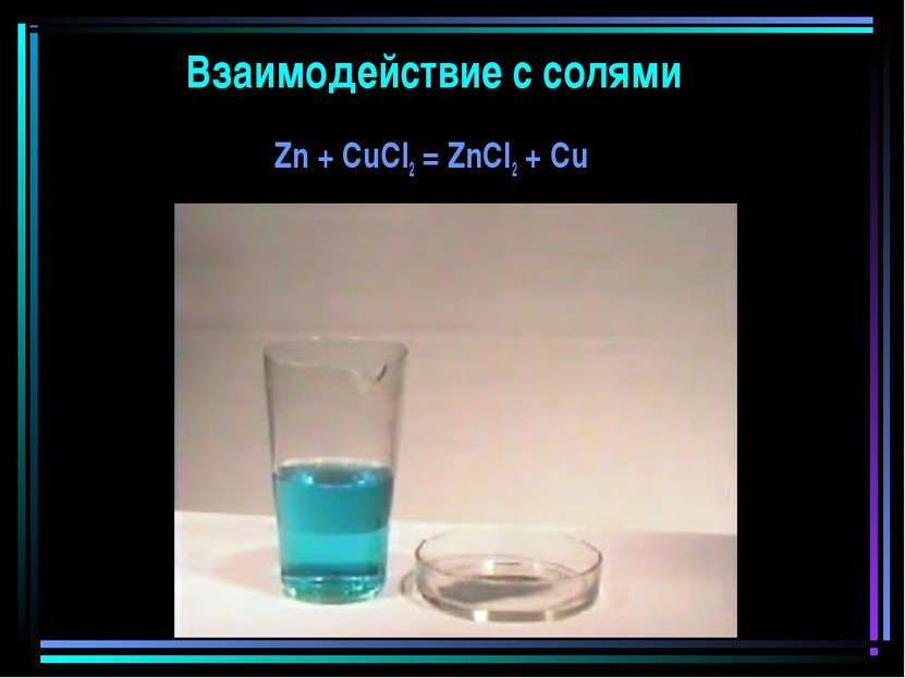 Взаимодействие с солями Zn + CuCl2 = ZnCl2 + Cu