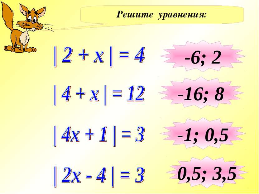 Решите уравнения: -6; 2 -16; 8 -1; 0,5 0,5; 3,5