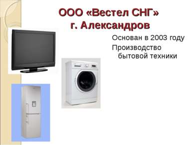 ООО «Вестел СНГ» г. Александров Основан в 2003 году Производство бытовой техники