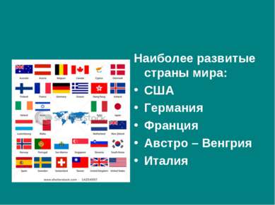 Наиболее развитые страны мира: США Германия Франция Австро – Венгрия Италия