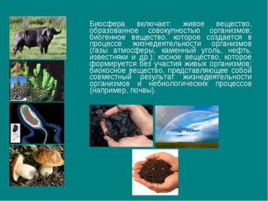 Биосфера включает: живое вещество, образованное совокупностью организмов; био...