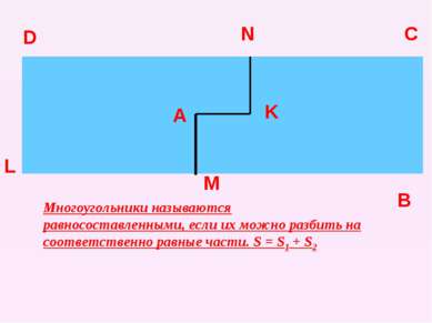 А D C B K L M N Многоугольники называются равносоставленными, если их можно р...