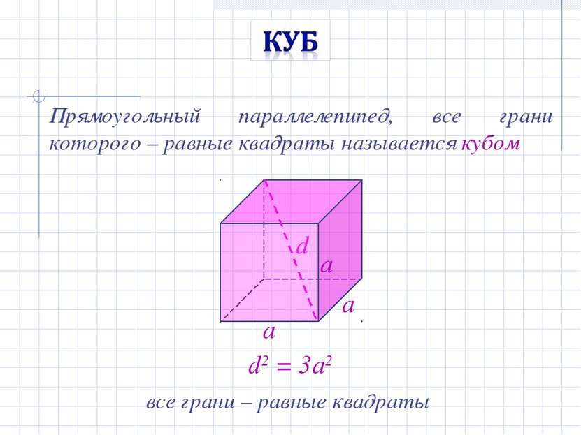 Прямоугольный параллелепипед, все грани которого – равные квадраты называется...