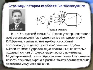 Трубка Б.Розинга Б.Л. Розинг В 1907 г. русский физик Б.Л.Розинг усовершенство...