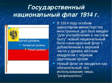 Государственный национальный флаг 1914 г. В 1914 году особым циркуляром минис...