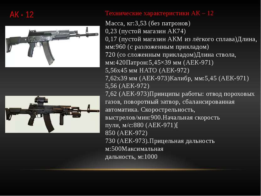 АК - 12 Технические характеристики АК – 12 Масса, кг:3,53 (без патронов) 0,23...
