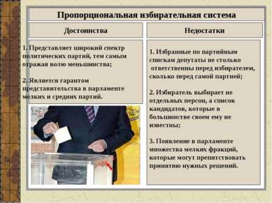 Пропорциональная избирательная система Достоинства Недостатки 1. Представляет...