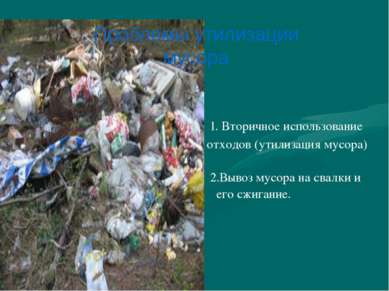 1. Вторичное использование отходов (утилизация мусора) 2.Вывоз мусора на свал...