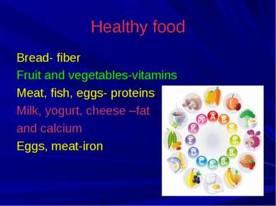 Healthy food Bread- fiber Fruit and vegetables-vitamins Meat, fish, eggs- pro...