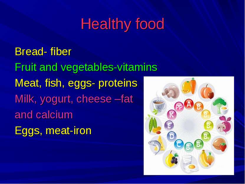 Healthy food Bread- fiber Fruit and vegetables-vitamins Meat, fish, eggs- pro...