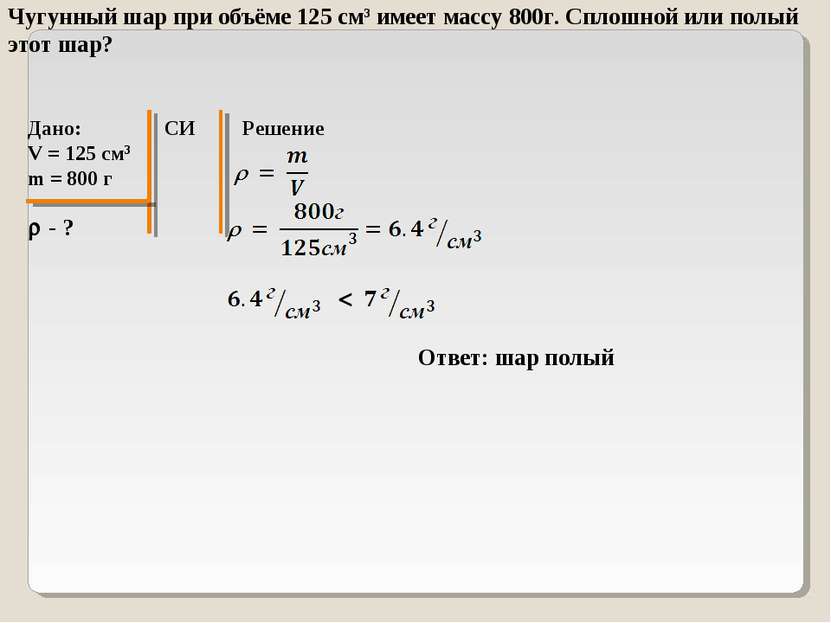 Чугунный шар при объёме 125 см3 имеет массу 800г. Сплошной или полый этот шар...
