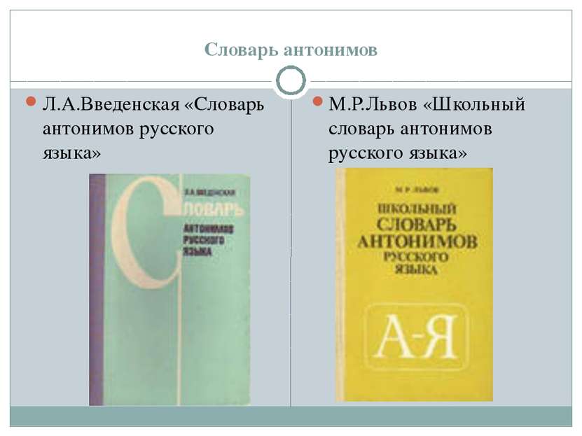 Словарь антонимов Л.А.Введенская «Словарь антонимов русского языка» М.Р.Львов...