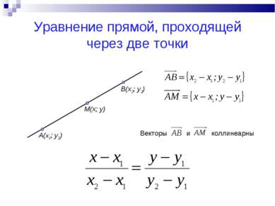 Уравнение прямой, проходящей через две точки A(x1; y1) M(x; y) B(x2; y2)