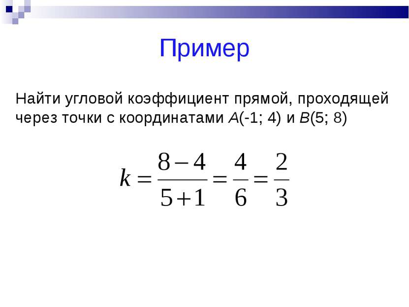 Пример Найти угловой коэффициент прямой, проходящей через точки с координатам...