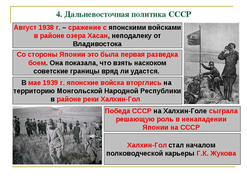4. Дальневосточная политика СССР Август 1938 г. – сражение с японскими войска...